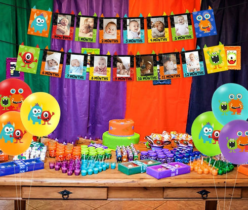 Monster 1st Birthday Decorations Kit - Photo Banner, Balloons, Cupcake Toppers for Little Monster Party Supplies