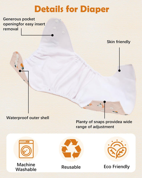 6 Pack 6pcs Babygoal Baby Cloth Diaper with Inserts and Wet Bag for Fitted Diapers and Prefolds, Adjustable