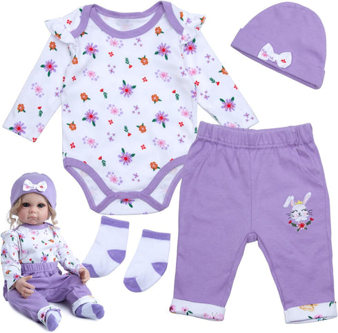 Reborn Baby Doll Clothes, 4 Pieces, 20-22 Inch Purple Clothing Sets for Newborn Baby Dolls