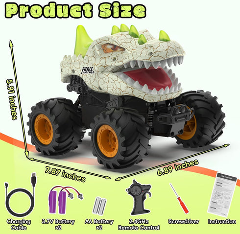 2.4GHz 1:24 6-12, Dinosaur Remote Control Car RC Monster Truck Scale RC Car with LED Lights & Movable Mouth