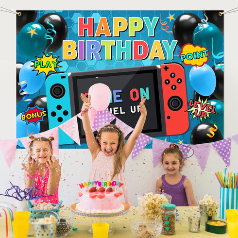 Video Game Party Supplies: Happy Birthday Gaming Banner Backdrop, Party Props and Decoration Supplies