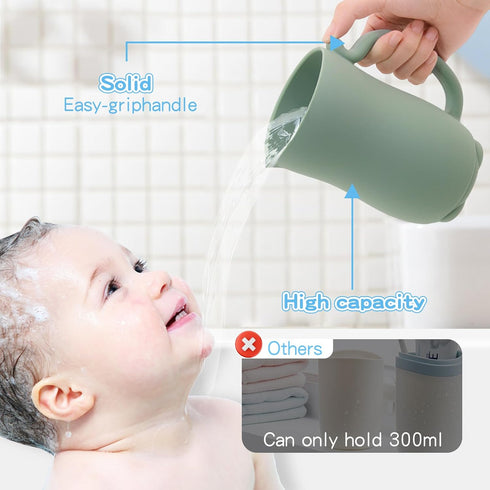 mandoo Baby Bath Rinse Cup - Food Grade Silicone Shampoo Rinser for Kids with Easy Grip Handle (Light Green)
