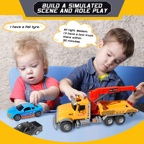 15" Big Truck Toys Set, Include Tow Truck, Racing Car, Metal Off-Road Car, Traffic Signs, Sound and Lights