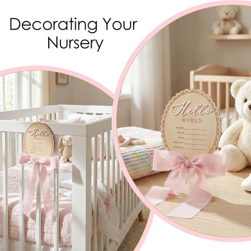 Josojoou Hello World Newborn Announcement Sign, Wooden Baby Photo Prop with Stand & Marker - Rustic Pink Ribbon