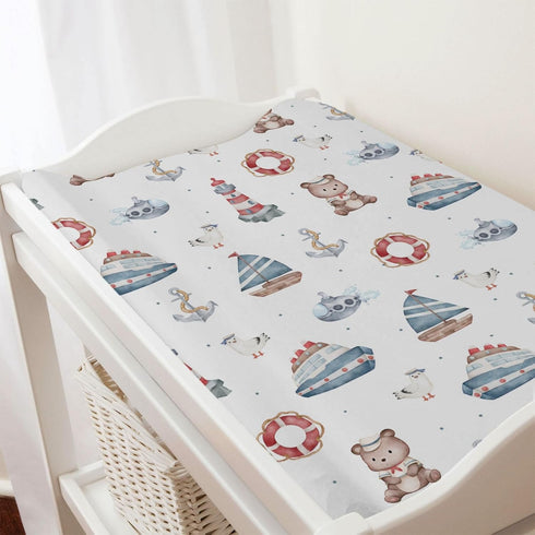 Cute Sailor Watercolor Bear Seagull Changing Pad Cover, Nautical Life Ship Anchor, Soft Stretch Fitted Baby Mats