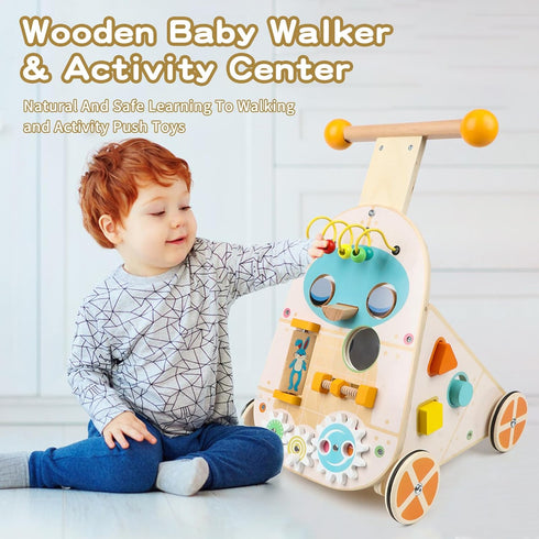 Wooden Baby Walker, Adjustable Speed Push and Pull Learning Activity Walker, Toddler Activity Center Toys