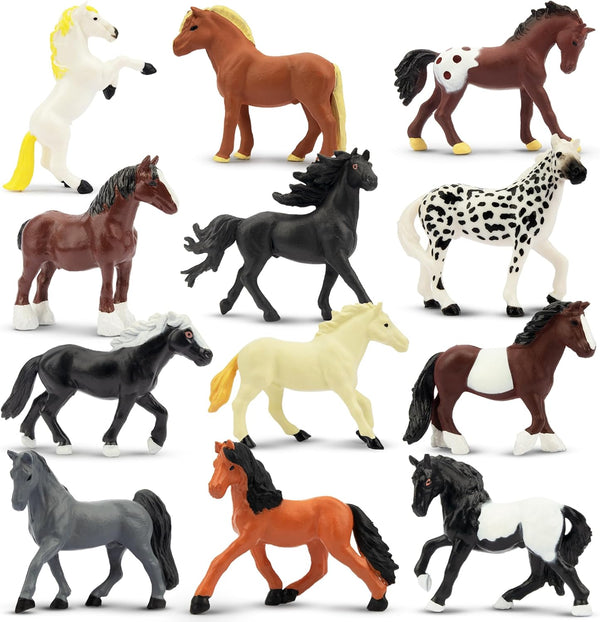 Toymany 12PCS 2-3" Tiny Horse Figurines Toy Set, Plastic Pony Small Foal