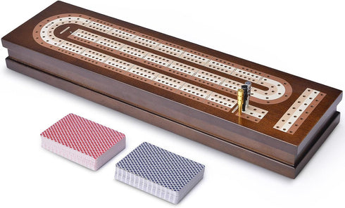Set 2 3 Sets AMEROUS Wooden Cribbage Board Game with Magnetic Lock - Metal Pegs - Playing Cards - Continuous Track