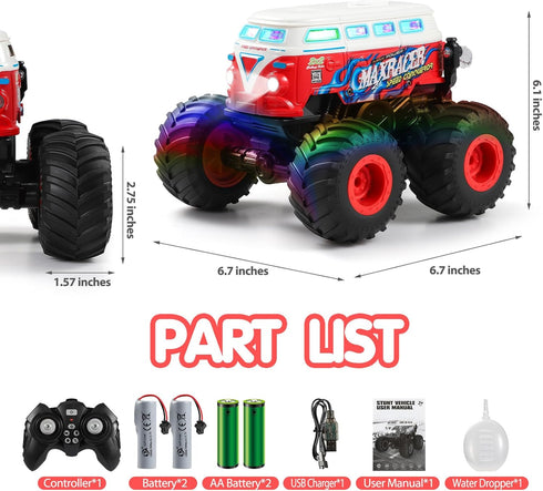 2.4Ghz 3 360 DYODYORC Remote Control Car, RC Monster Truck Toys, All Terrain RC Truck with Spray, Music, Lighting