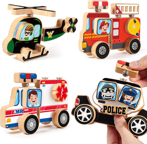 Emergency Vehicles 3D Puzzle Toy, HUZU Wooden Building Blocks for Kids 3-8, Fire Truck, Ambulance, Police Car Gifts