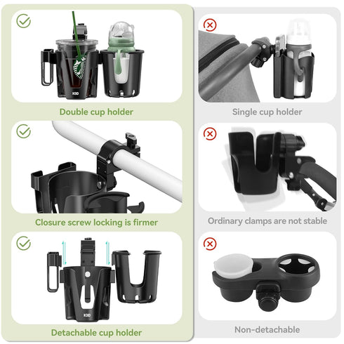 KDD Stroller Cup Holder with Phone Holder, 3-in-1 Removable Bottle Holder, 360 Degrees Rotation Drink Holder for
