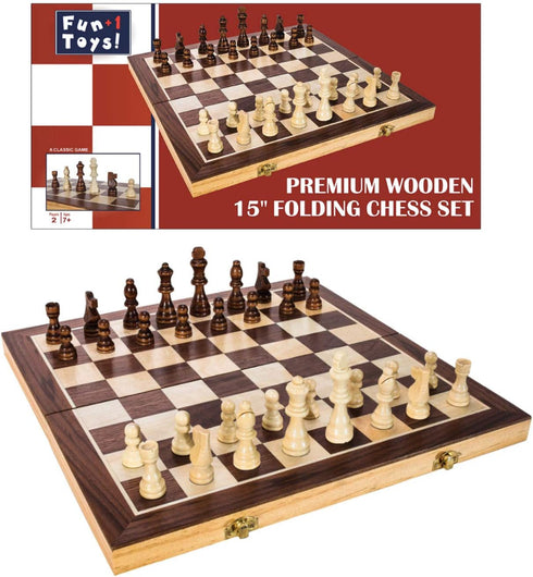 Portable Wooden Chess Set for Adults and Kids, 15" Board with Pieces & Drawstring Bag