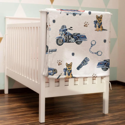 Police Vehicles Watercolor Baby Blanket for Boys, Car Motorcycle Helicopter Flannel Swaddle 30x40