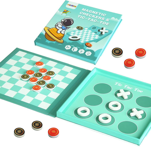 2-in-1 Magnetic Checkers & Tic-Tac-Toe Board Game | Travel Activities for Kids