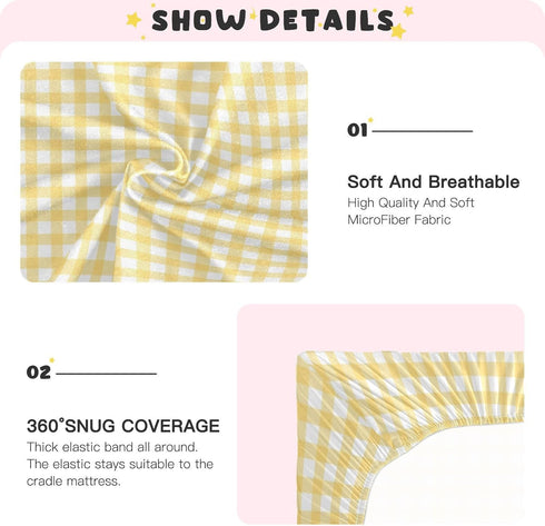 WELLDAY 39 27 Inches Yellow Gingham Crib Sheets for Boys and Girls, Fitted Baby Crib Sheets Soft and Breathable Mini