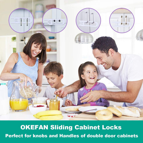 Sliding Cabinet Child Safety Locks, OKEFAN Baby Proofing Cabinet Lock Cupboard Latches for Kids, No Drill (10, White)