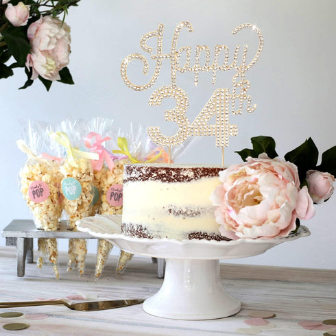 LINGTEER Happy 34th Birthday Gold Rhinestone Cake Topper - Cheers to 34 Years Old Anniversary Party Decorations