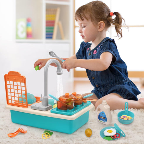 CUTE STONE Play Kitchen Sink Toys with Upgraded Real Faucet, Play Cooking Stove, Cookware Pot and Pan,Play Food, Color