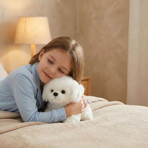 12" CU-MATE Plush Maltese Dog Toys, Simulation-Realistic & Lifelike Soft Stuffed Animal Dog, Handmade Lying Stuffed Dog