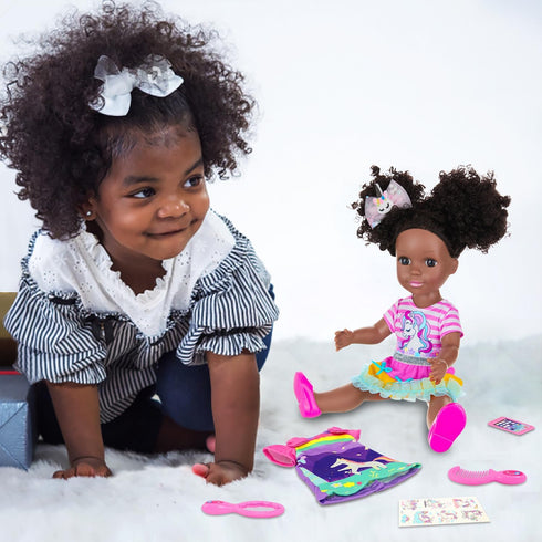 14 Inch Ecore Fun Black Doll with Black Baby Doll Clothes Accessories Including Dress, Top, Skirt, Shoes, Comb, Mirror