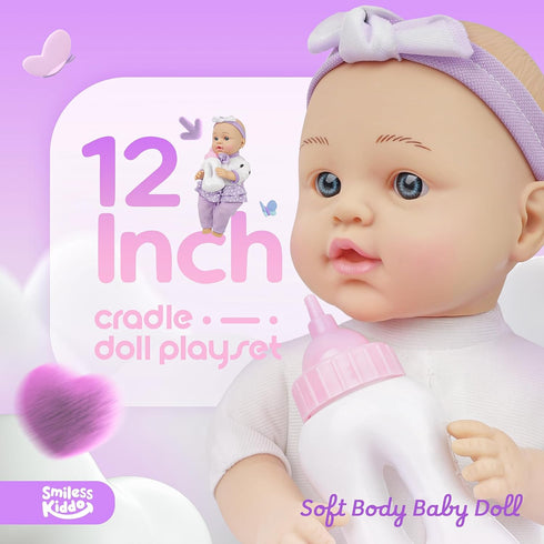 12" Playset 2+ SMILESSKIDDO Baby Doll with Accessories, Dolls with Washable Carrier Bassinet Bed, Bottle, Blanket