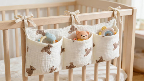 JUSTAUS Bedside hanging bag for storing baby milk bottles and blankets - Baby diaper folding bed organizer bag - White