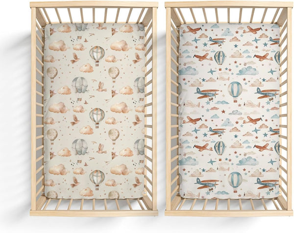 KuphiL10C 2 Pack Hot Air Balloon Plane Clouds Stars Pattern Baby Sheets for