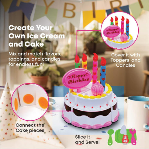 Set FUNERICA Play Food Goodies with Storage Box - Features Cutting Pizza, Ice Cream, Toy Birthday Cake, Fries, Dessert