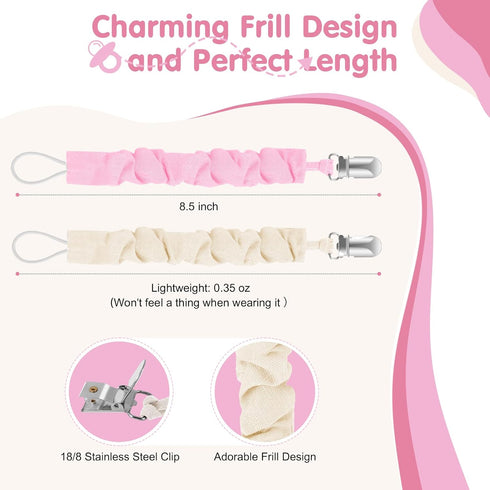 Clip,6 Pack TenderBabe Pacifier Pacifier Holder Clip with Adorable Frill Design,Soft Flexible Binky Clips for Baby Girl