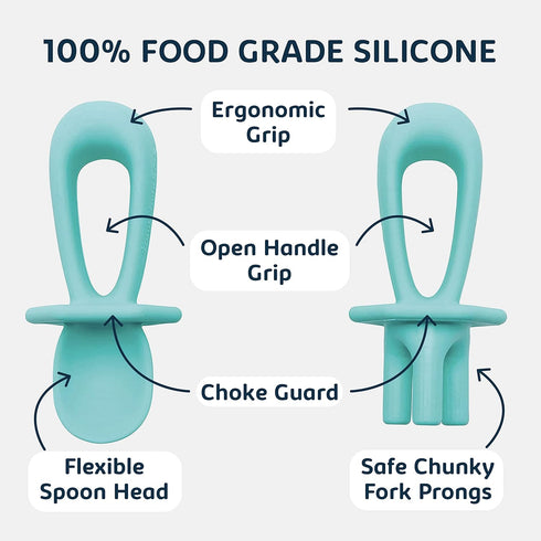Tiny Twinkle Silicone Training Utensils - Baby Spoons and Forks for Self-Feeding Training, Mint