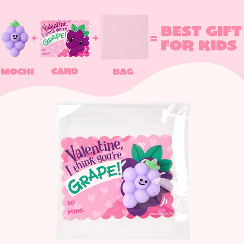 30 Packs JOYIN Valentines Day Gift Cards with Fruit Mochi Squishy Toys, Stress Relief Fidget Toys, Cartoon Squeeze Toy