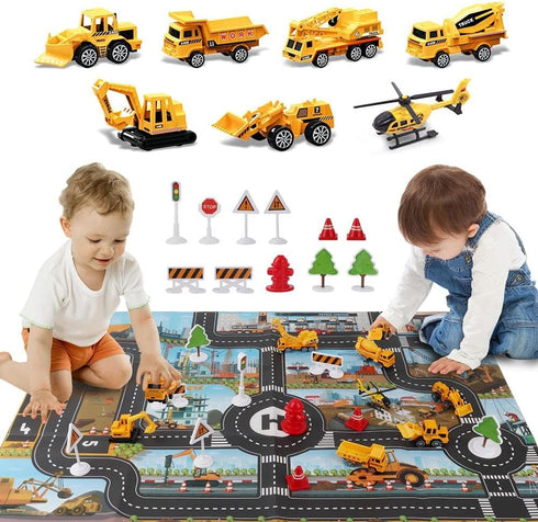 Dwi Dowellin Construction Toy Airplane Set with Play Mat, Excavator, Bulldozer, Mixer, Dumper Truck, Forklift, Crane,
