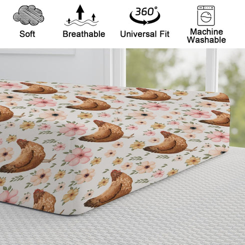 Vintage Hens Chicken Boho Floral Changing Pad Cover, Soft Stretchy Snug Fitted Baby Diaper Changing Mat Sheets 32''x16''