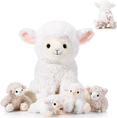 Lenwen 5 Pcs Lamb Stuffed Animal Set, 14 Inch Mommy Lamb Plush with 4 Cute Babies for Nursery Decor