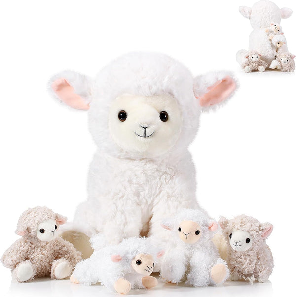 Lenwen 5 Pcs Lamb Stuffed Animal Set, 14 Inch Mommy Lamb Plush with 4 Cute Babies for Nursery Decor
