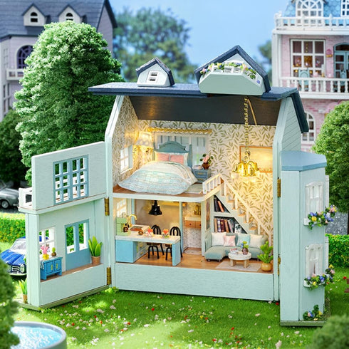 Montidey LED,1:24 DIY Miniature Wooden Dollhouse Furniture Kit,Mini Handmade Doll House with Scale Creative Woodcrafts