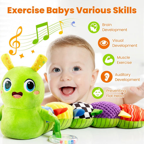 0-12 10 Tummy gogonova Baby Musical Caterpillar Toy Months, Washable Teething Rattle with Kids Songs, Infant Time Toy