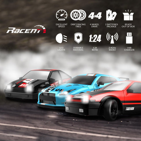 1:24 10MPH 4WD 2 RACENT Scale RC Drift Car, Remote Control Car with LED Light, Racing and Drifting Wheels, Rechargeable