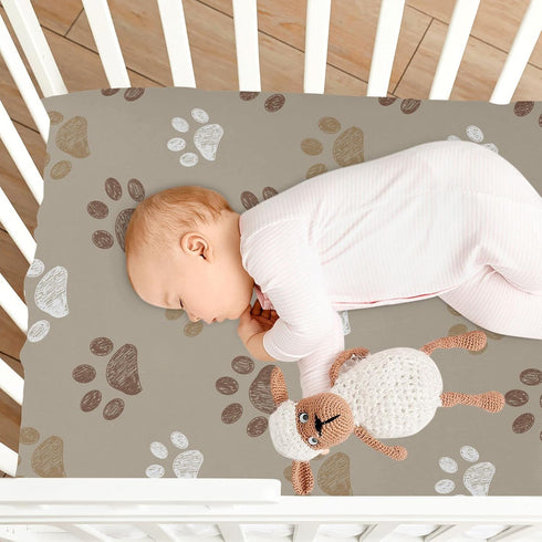 KICPOAY 39 27 Fitted Crib Sheets Brown Dog Paws Stretchy Portable Playard Sheets for Baby Toddler, Breathable Soft Mini