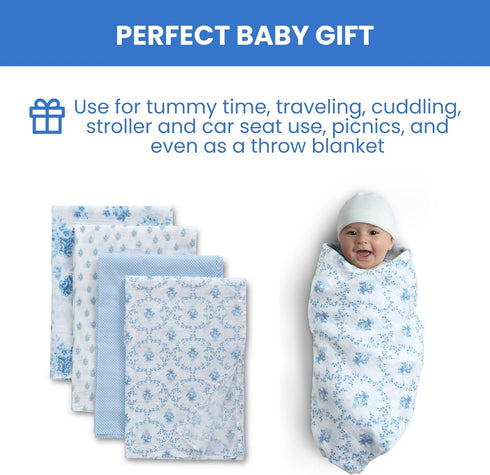 100% 47x47 Inches (Pack 4), Delta Children Cotton Muslin Baby Receiving Blankets for Girls and Boys of Blue Botanicals