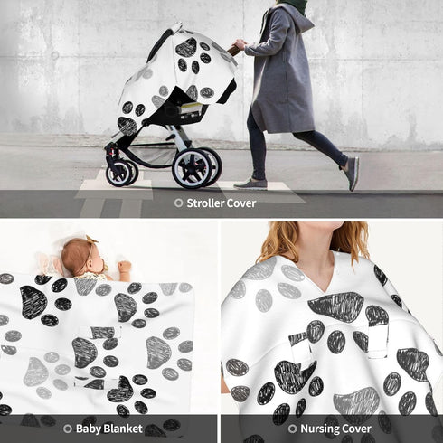 Zhbvncp Dog Paw Print Black White Baby Car Seat Cover & Breastfeeding Nursing Cover - Breathable Stretch Fabric