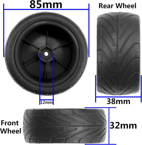 4Pack ShareGoo RC 85mm/3.34" Rubber Tires, Front Rear Tyres, 12mm Hex Wheel Compatible with Redcat HPI HSP Kyosho RC Car