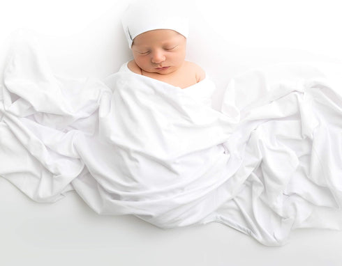 2 Set, Ely's & Co. Cotton Knit Jersey Swaddle Blanket and Beanie Gift Large Receiving Blanket - White