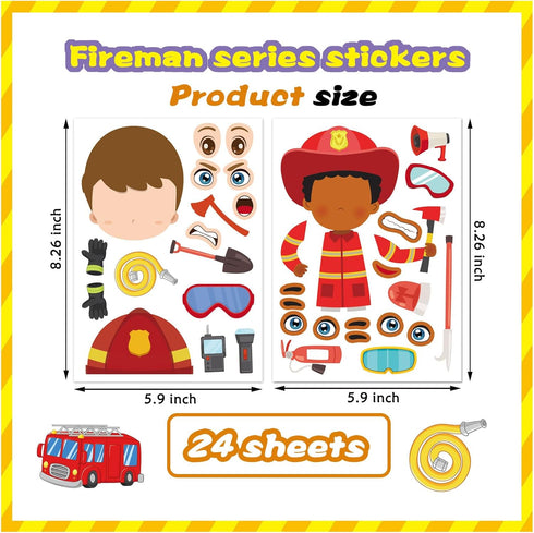 24 Sheets Firefighter Stickers for Kids, Make-a-face Fireman Themed Party Favor Craft Supplies