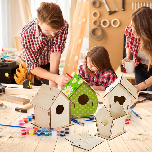 Coloch 6 Pack DIY Birdhouse Kits, Wooden Crafts for Children to Build and Paint, Includes Paints and Brushes