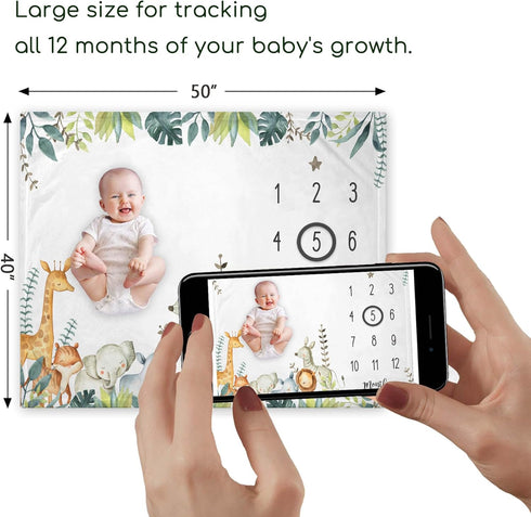 Safari Baby Milestone Blanket with Birth Stat Sign, Jungle Animals Baby Growth Chart Monthly Blanket, Watch Me Grow Safari Animals Baby Nursery for New Moms Baby Shower(50"x40") by Yuzioey