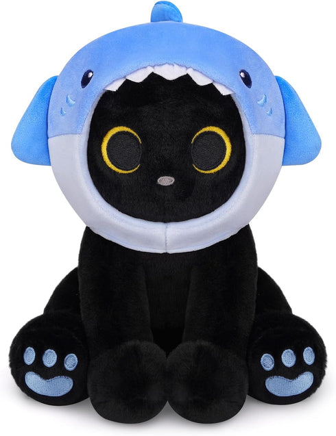 Shark Plush Stuffed Cat, 8inches Black Cat Plush with Blue Shark Hood