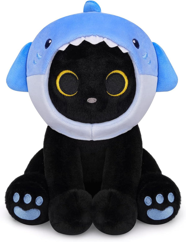 Shark Plush Stuffed Cat, 8inches Black Cat Plush with Blue Shark Hood