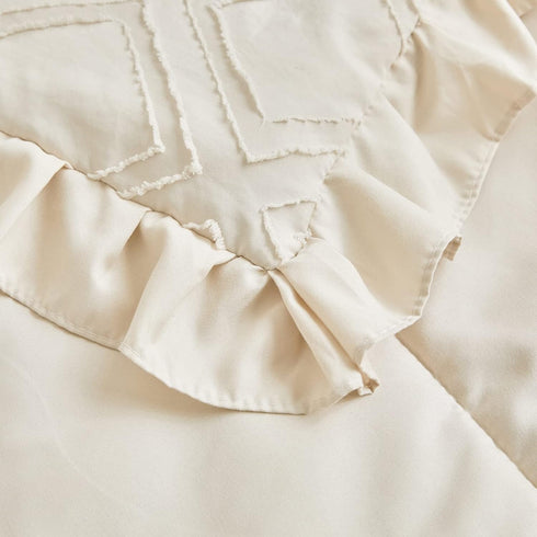 Set 3 Mini Crib Bedding Pieces Baby Boho Quilted Tufted Ruffles Comforter with Fitted Sheet and Ruffled Bed Skirt