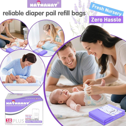 RUZAKO 30% 10 Pack Diaper Pail Refill Bags Compatible With Dekor Plus Diaper Pail, Extra Length, Lavender Scent